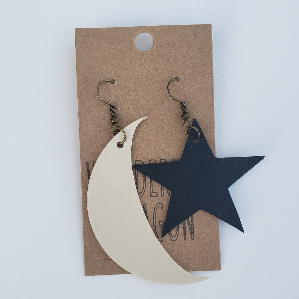 Moon and Star Faux Leather Fishhook Earrings